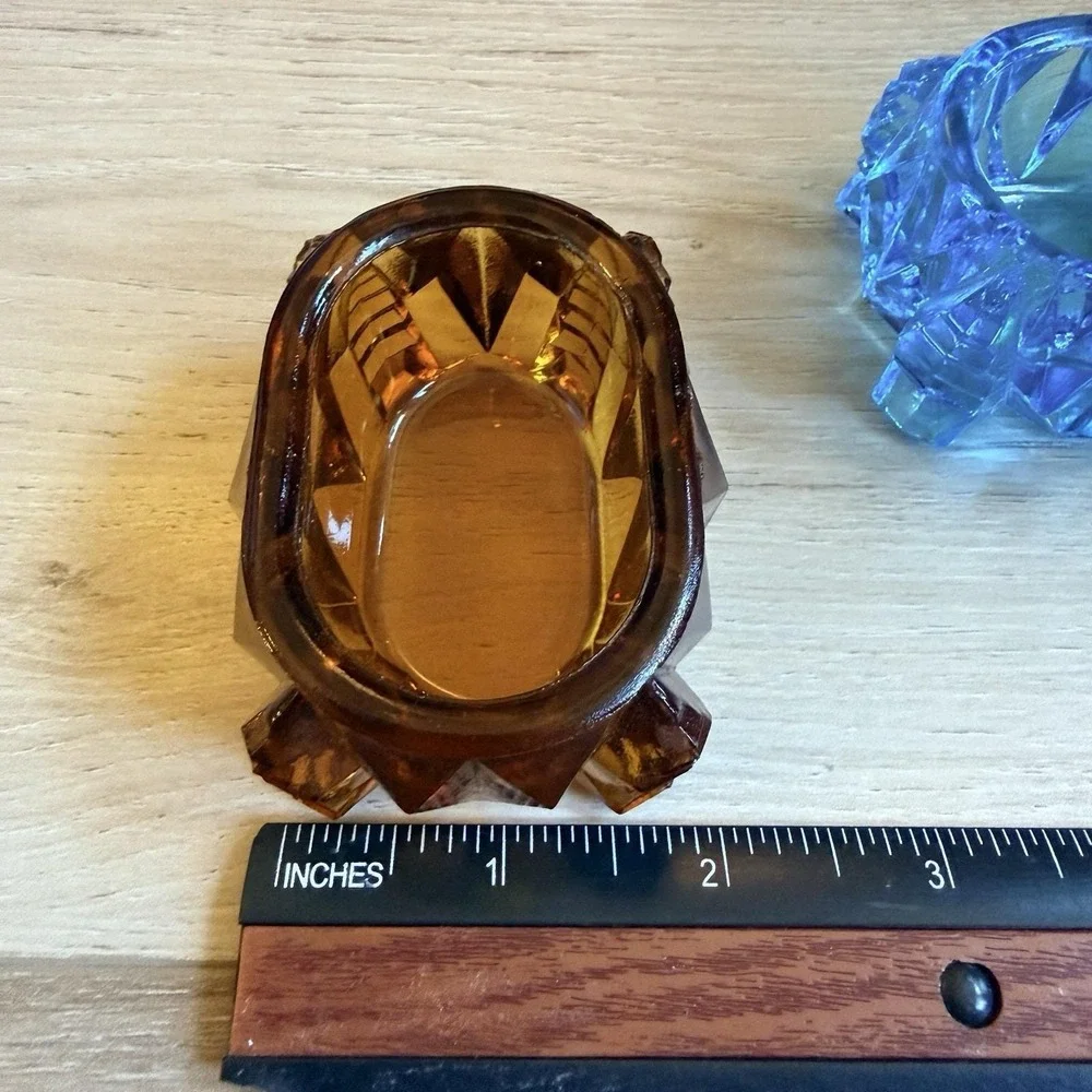 Blue and Amber Pressed Glass Open Salt Cellar Trinket Dish Set of 2